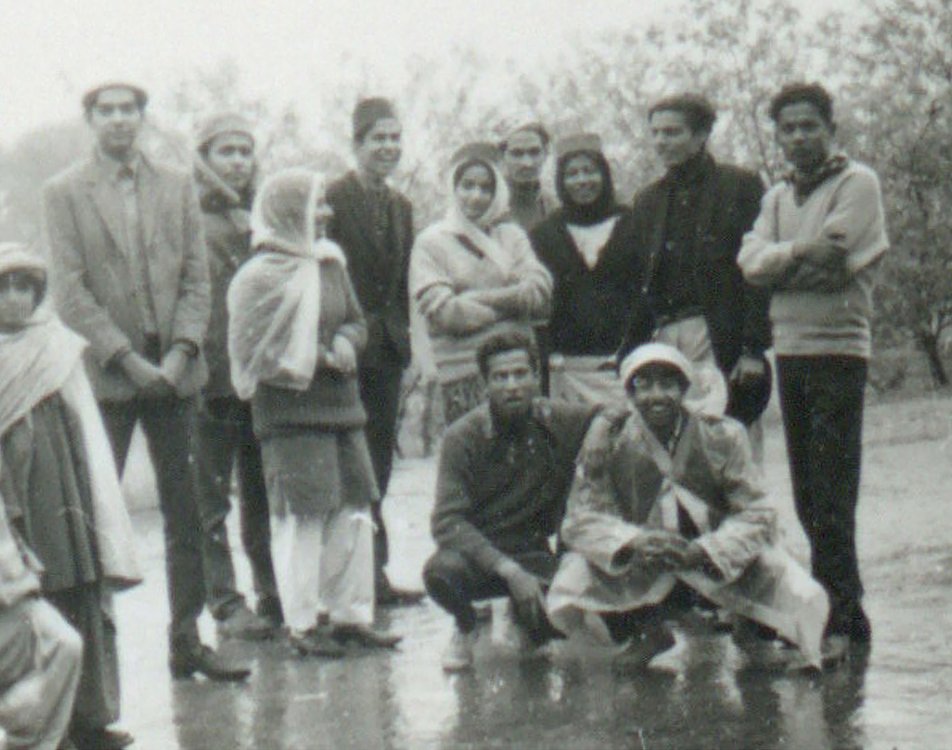 Title: National College of Arts, Lahore, Dwat excursion, ca. April, 1962. Left to right standing: Masood Ahmed Khan, Nasir Malik, Tanvir Nasser, Anwar Pasha, Yasmin Tufail Ahmed, Asaf Mirza, Priscilla Najmuddin, Nayyar Ali Dada, Bashirul Haq.